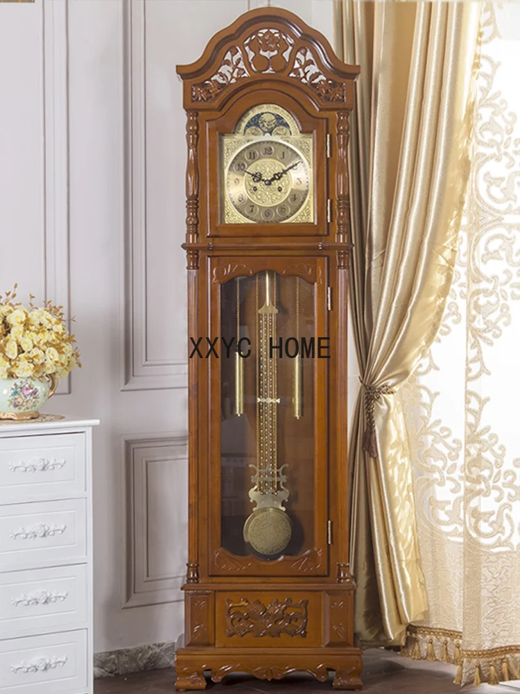 Retro Simple European Mechanical Clock Solid Wood Hand Carved Modern New Chinese Living Room