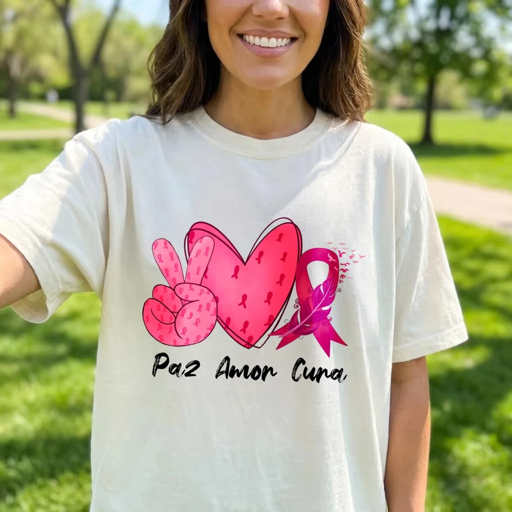 Paz Amor Cura Graphic Tee Pink Ribbon Heart Tops Spanish‑speaking Supporter Breast Cancer Survivors Tees Fashion Cotton T‑Shirt