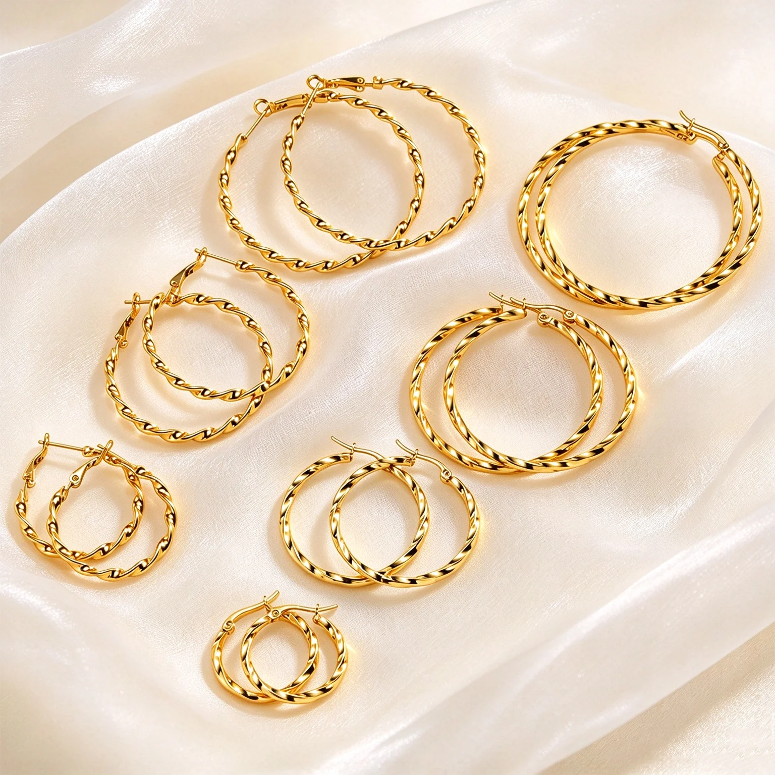 Gold Plated Spiral Texture Twisted Hoop Earrings for Women, Stainless Steel Large Round Circle Earrings, Statement Jewelry
