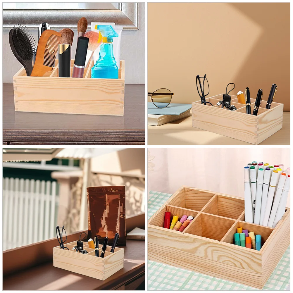 2 قطعة منظم مكتب خشبي 6 مقصورات صندوق تخزين متعدد الوظائف لأقلام الرصاص وأقلام التلوين وفرش المكياج والمكتب والمدرسة