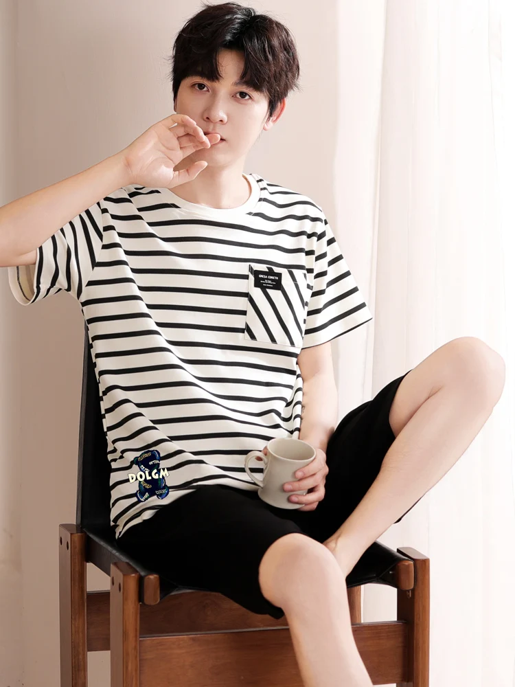 メンズ夏用コットンパジャマ半袖丸首カジュアル軽量漫画プリントホームウェア快適通気性スリープウェア