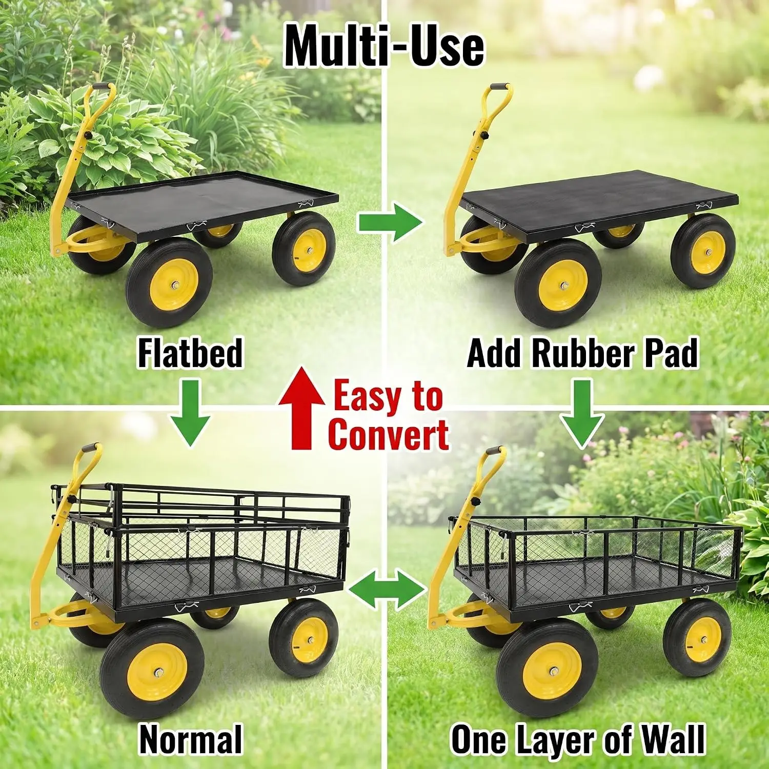 1400lbs Garden Cart Flatbed Metal Wagon 2-in-1 Handle Outdoor Yard Work, Customized