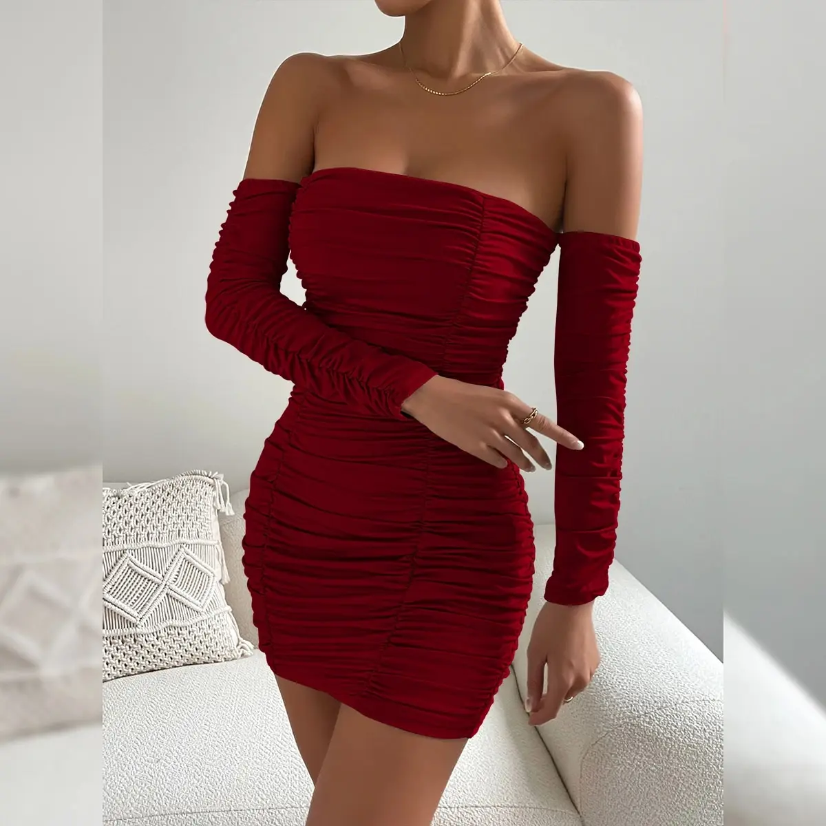 Sexy Women\'s Long Sleeved Off The Shoulder Pleated Wrap Chest Tight Mini Dress 2024 Bar Party New Style