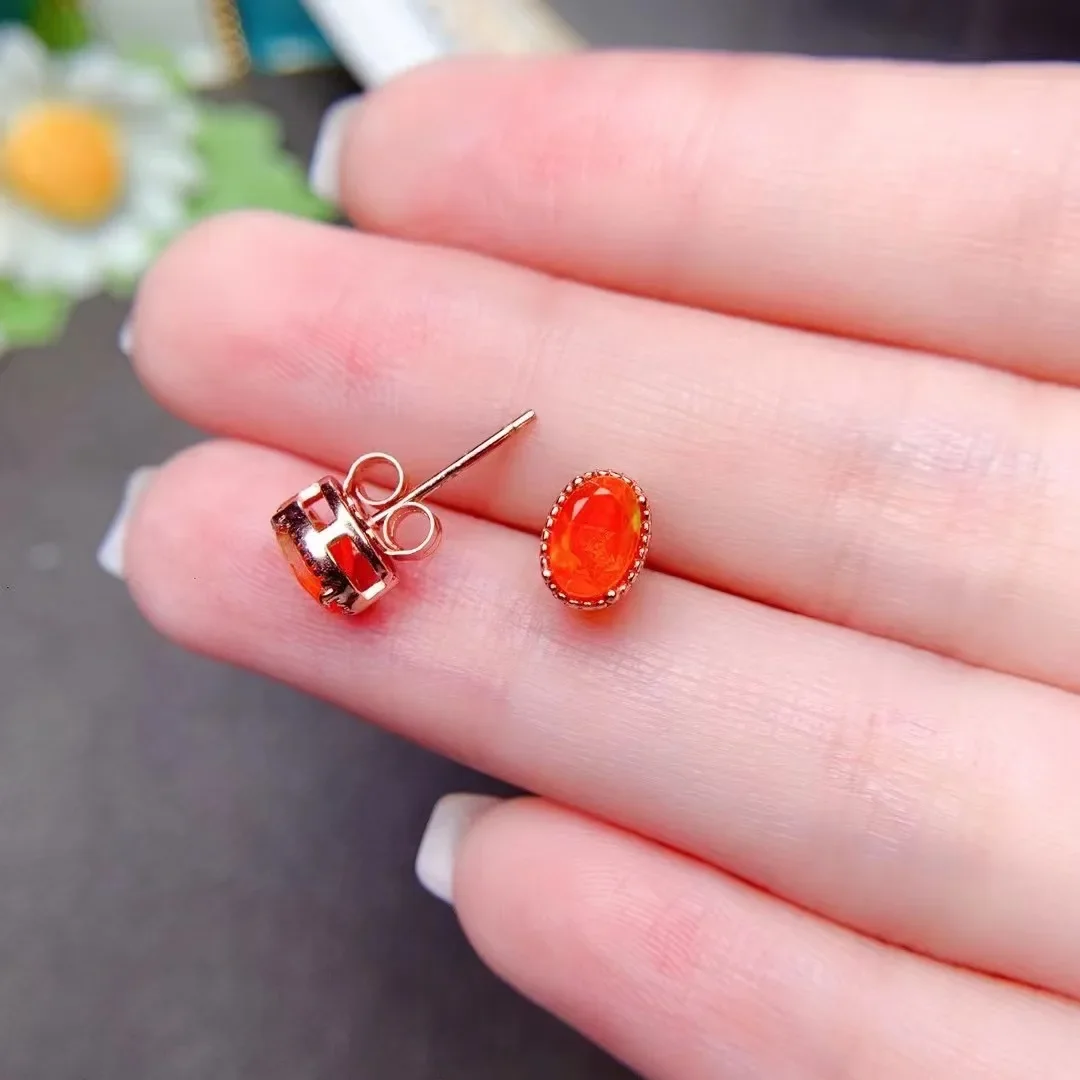 Natural 4*6mm Fire Opal Earrings Simple Ladies Earrings S925 Sterling Silver Boutique Fashion Wedding Jewelry