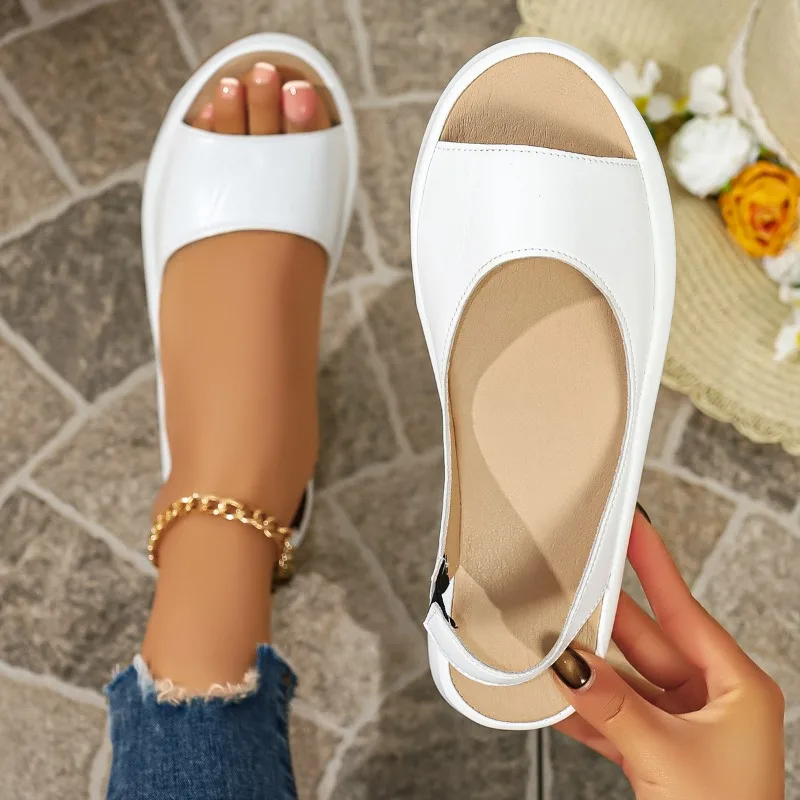 Damen Plateau-Sandalen Sommer Open-Toe Slingback Schuhe Minimalistische Weiche Leder-Keilsandalen Lässige Bequeme Pantoletten 2026 Neu