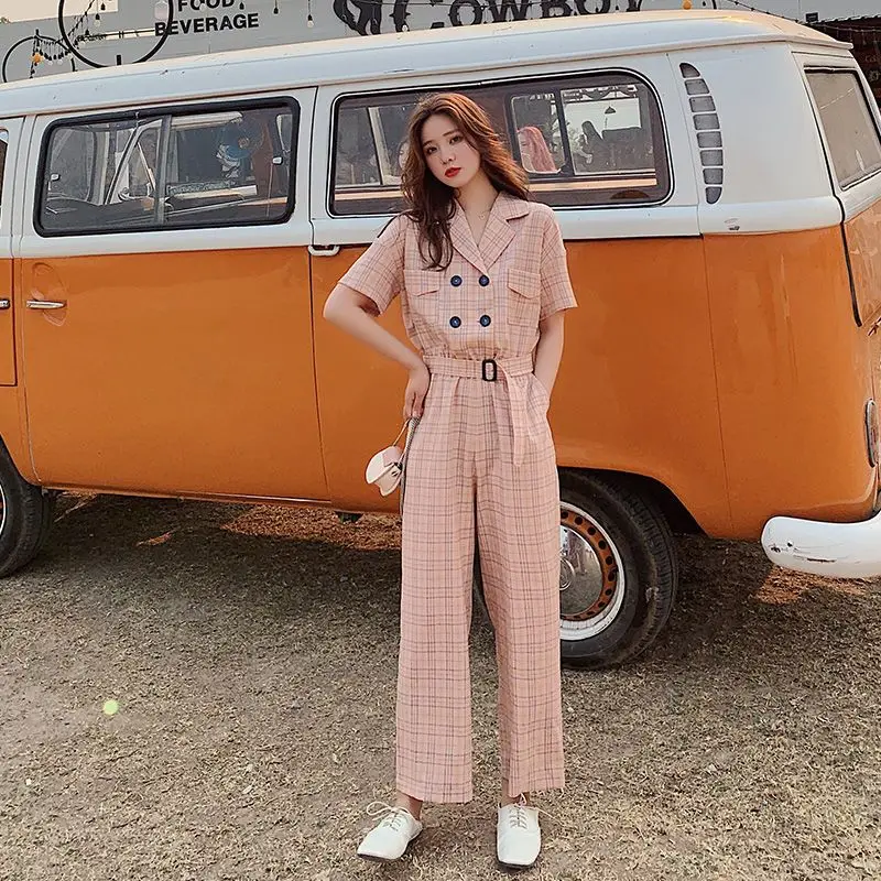 Korea Rompers  Short Sleeves Trousers Women Collar Plaid Jumpsuit Full Length Work Office Lady 2024 New