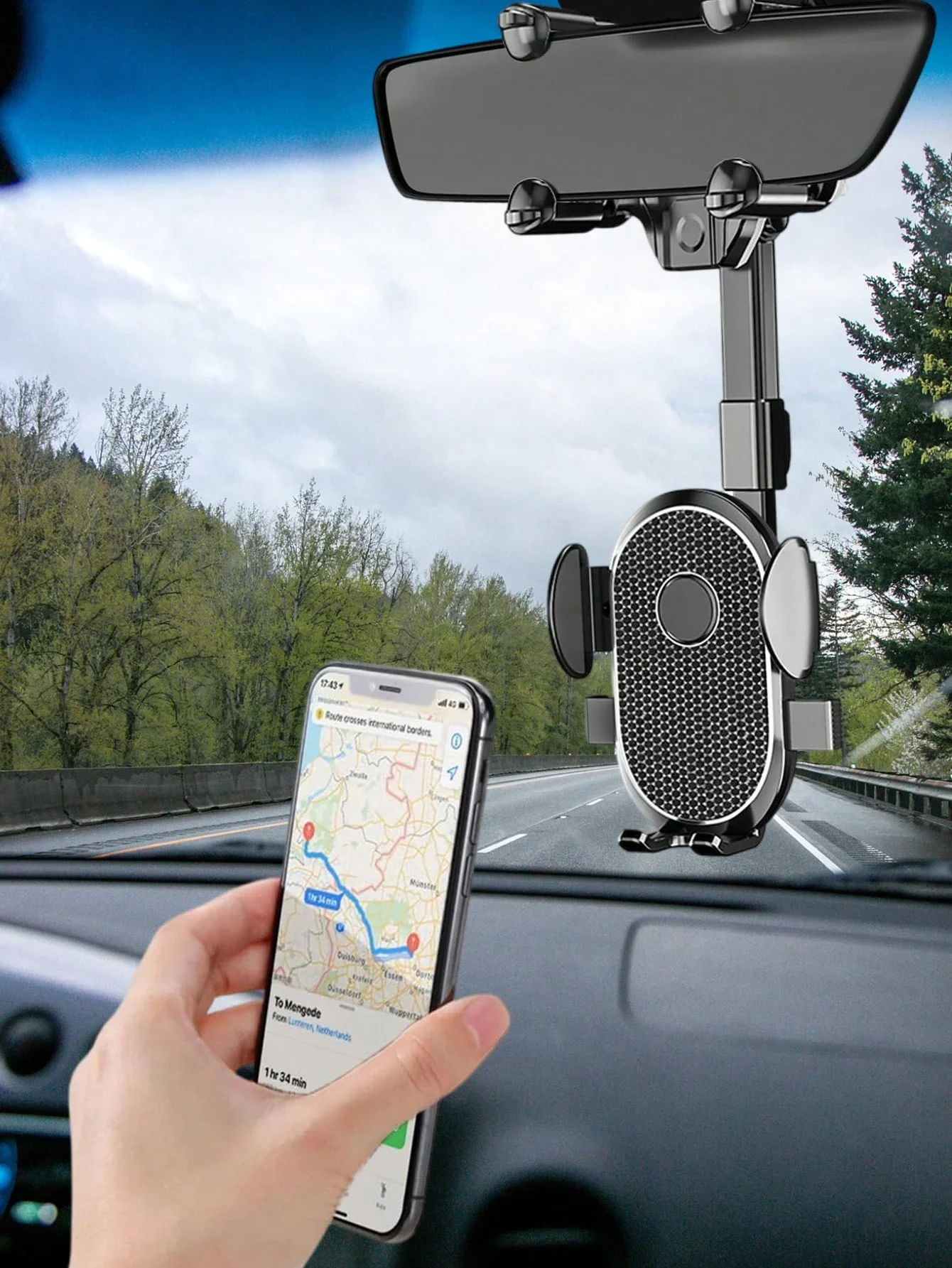 Universal Rearview Mirror Car Phone Holder – 360° Rotating Mount, Non-Blocking View, One-Hand Operation, Adjustable Size