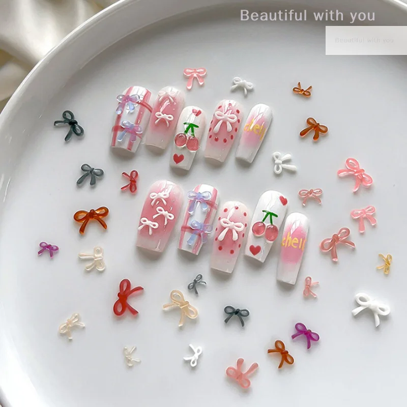 

50pcs Resin Bow Nail Charm Bulk Mix Size 3D Ribbon Bowkont Mini Kawaii Nail Art Accessories DIY Cute Nails Decorations