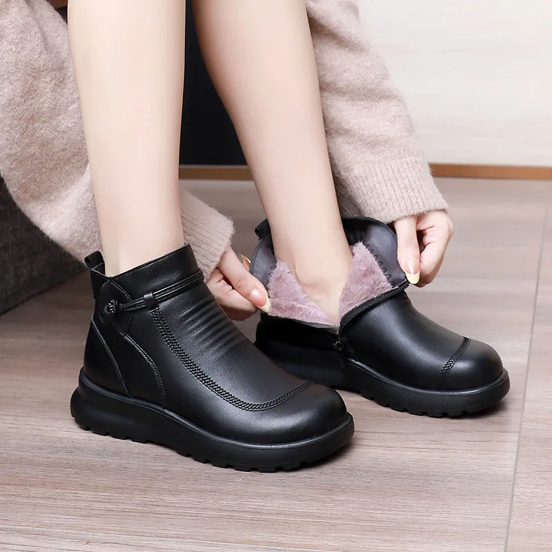 

Black Leather Ankle Boots For Women With Traditional Knot Button Detail And Non Slip Thick Sole Comfortable Casual Outdoor