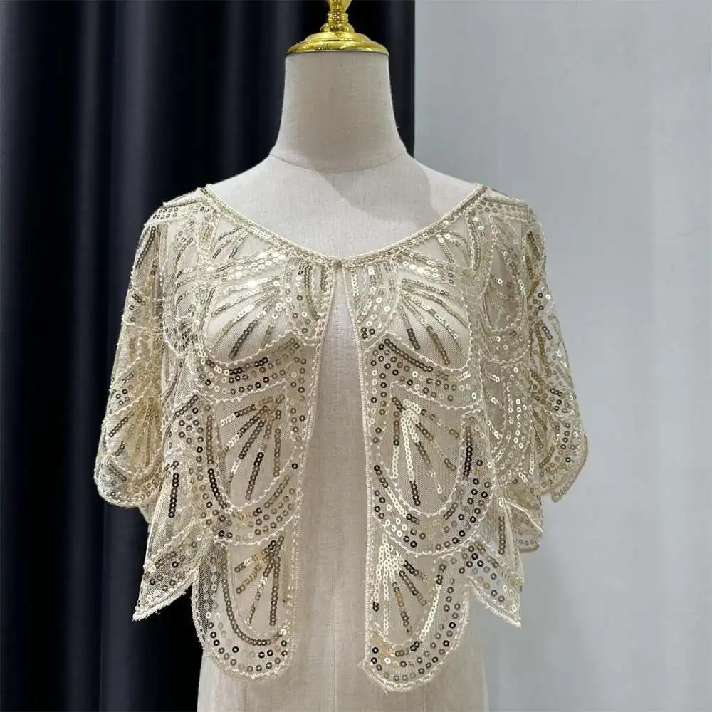 Ladies Fashion Beaded Sequin Shrug Bolero Open Front Wrap Cardigan Elegant Wedding Evening Party Dress Cover Up