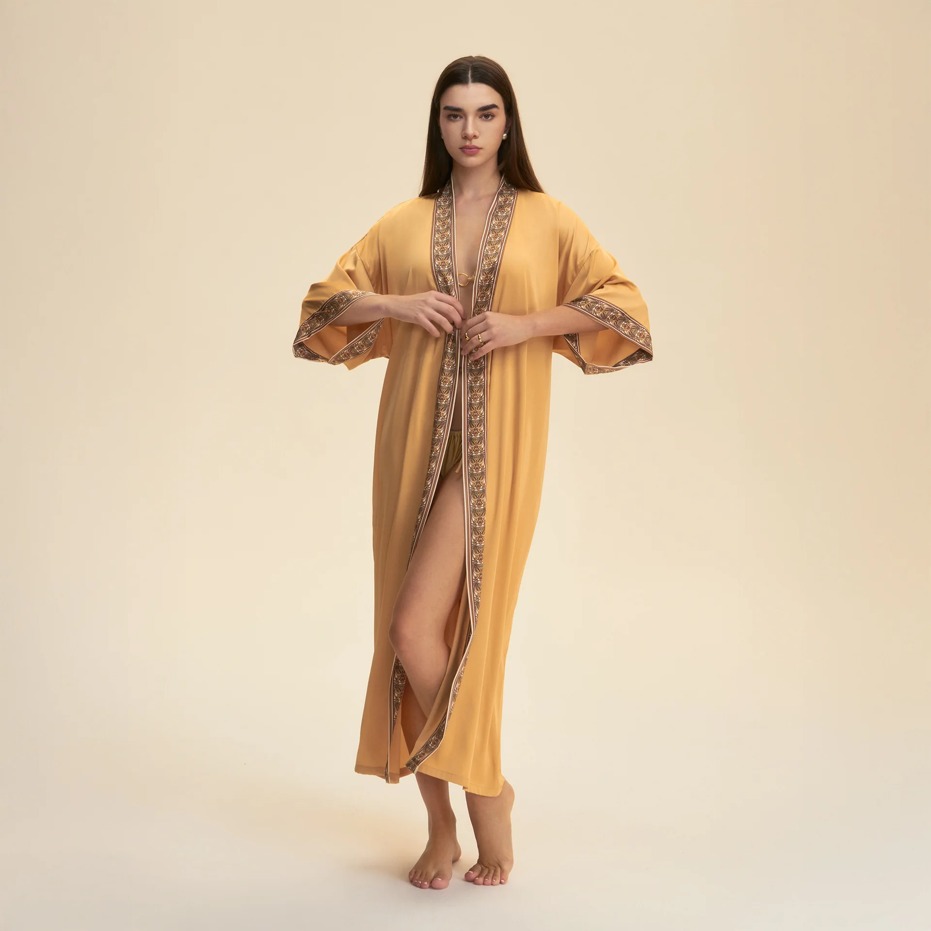 

Chinese Style Print Female Long Robe Silk Satin Sleepwear Half Sleeve Kimono Bathrobe Casual Homewear