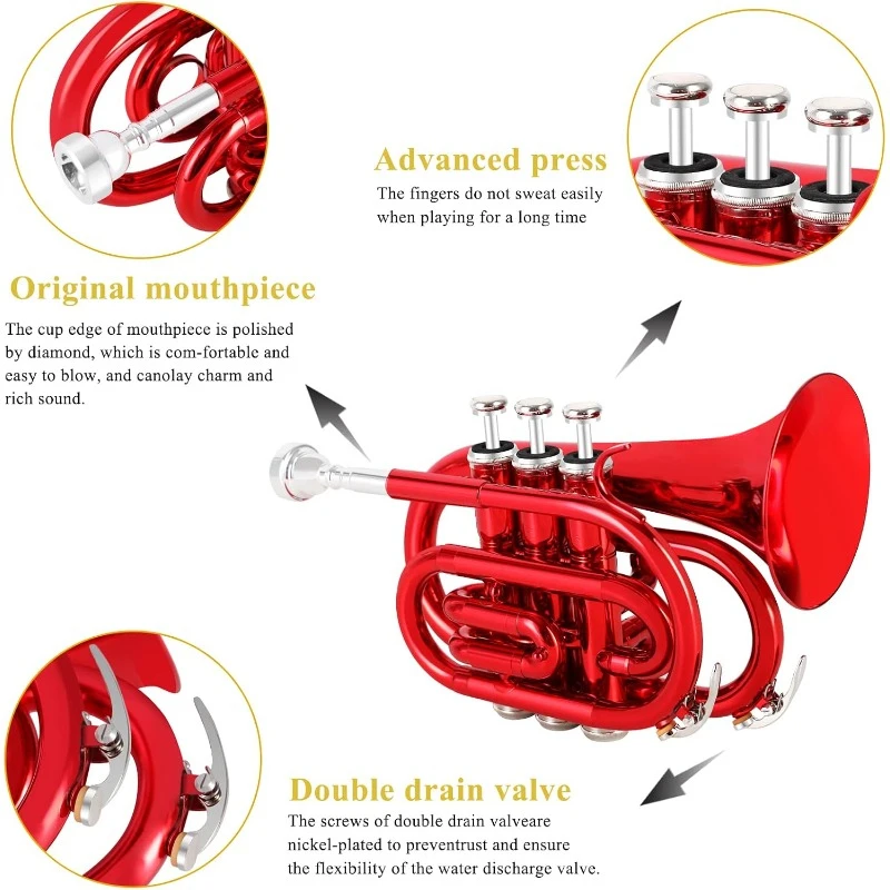 Pocket Trumpet Brass Bb Mini Trumpet with 7 C Mouthpiece, Hard Case, Strap,White Gloves,Cleaning Kit for Students and Beginners