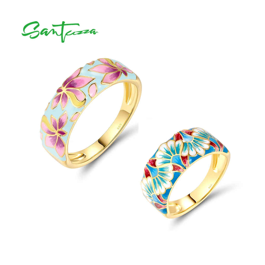 

SANTUZZA Real 925 Sterling Silver Rings For Women Elegant Flower Multi-Color Enamel Stylish Party Gifts Fine Jewelry Handmade