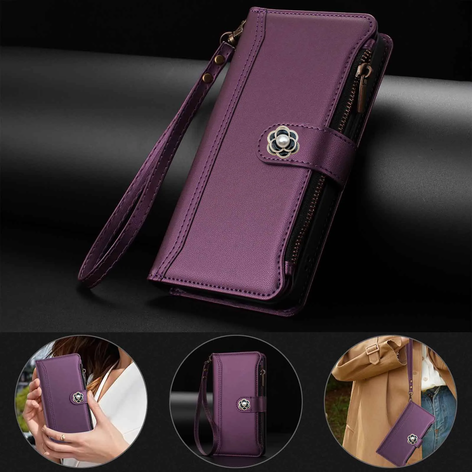 Multi 9 Cards Camellia Flower Phone Case For OPPO Realme Narzo 80 Pro 80X 70 70X 60 60X 50 Crossbody Leather Zipper Wallet Cover