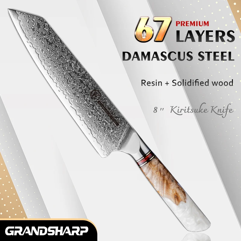 Grandsharp 8''Kiritsuke Knife 67 Layers Damascus Kitchen Knives 10Cr15C0Mov Steel Vegetable Meat Cooking Tools with Resin Handle