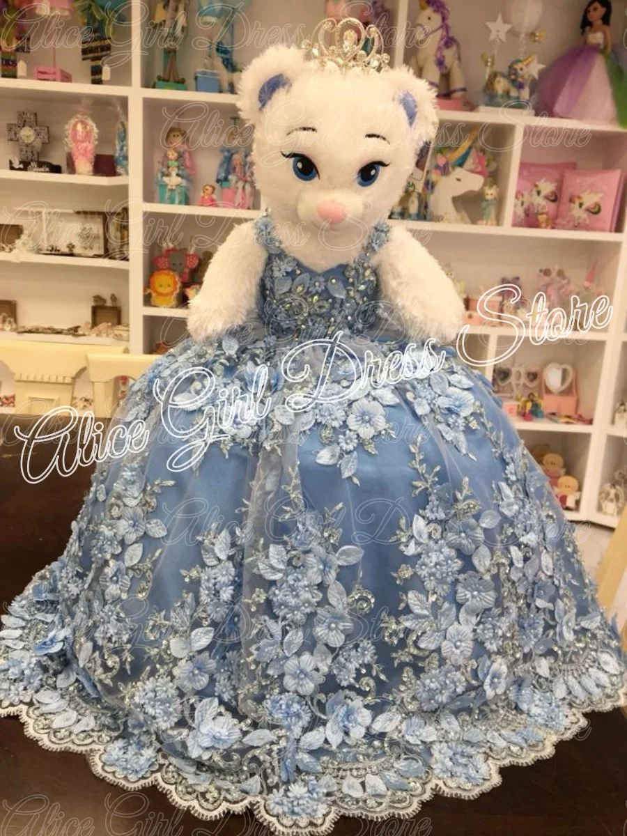 Maßgeschneiderte blaue Blumenmädchenkleider für Hochzeiten, Spitzenapplikationen, bodenlang, ärmellos, für Erstkommunion, Geburtstagsfeiern, Ballkleider