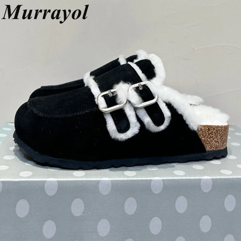 

New Cow Suede Belt Buckle Design Mules Women's Mixed Color Plush Lining Thick Bottom Slippers Spring Outdoor Vacation Shoes