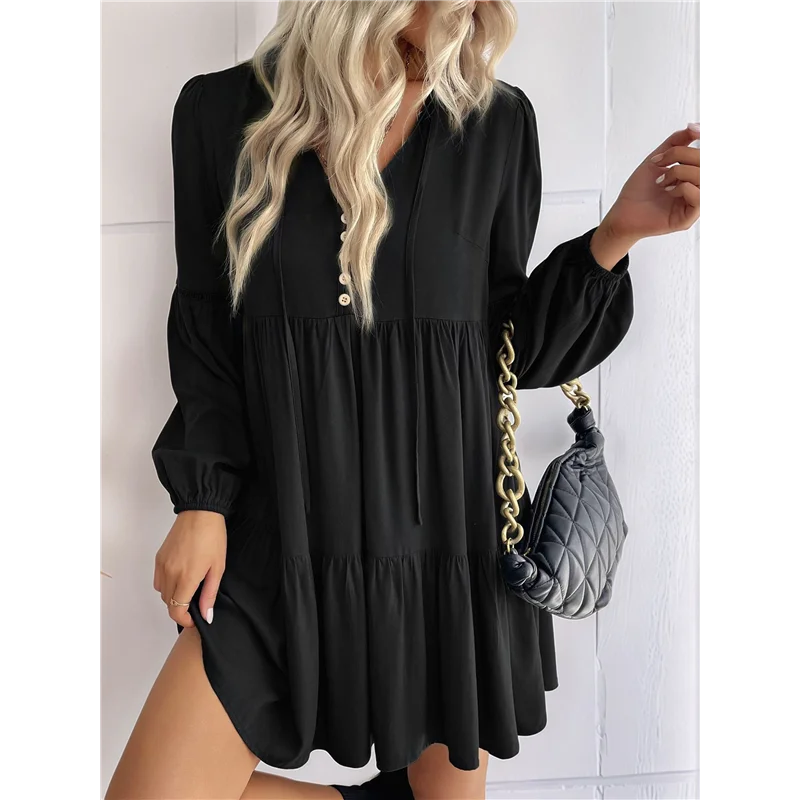 ABRT-Vestidos curtos de manga comprida para mulheres com decote em V outono casual solto ajuste flowy balanço em camadas vestido boho de férias