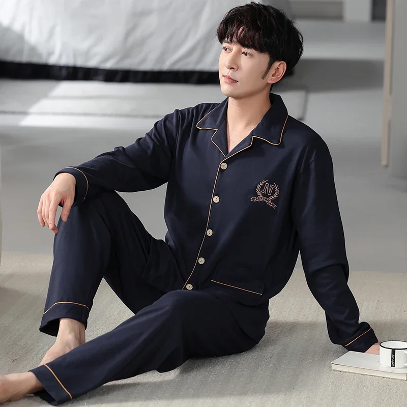 New Arrival Man Pajama Cotton Lapel Long Sleeved Pants Plus Size Pijamas Sleepwear Cardigant Leisure Homewear Nightwear for Male