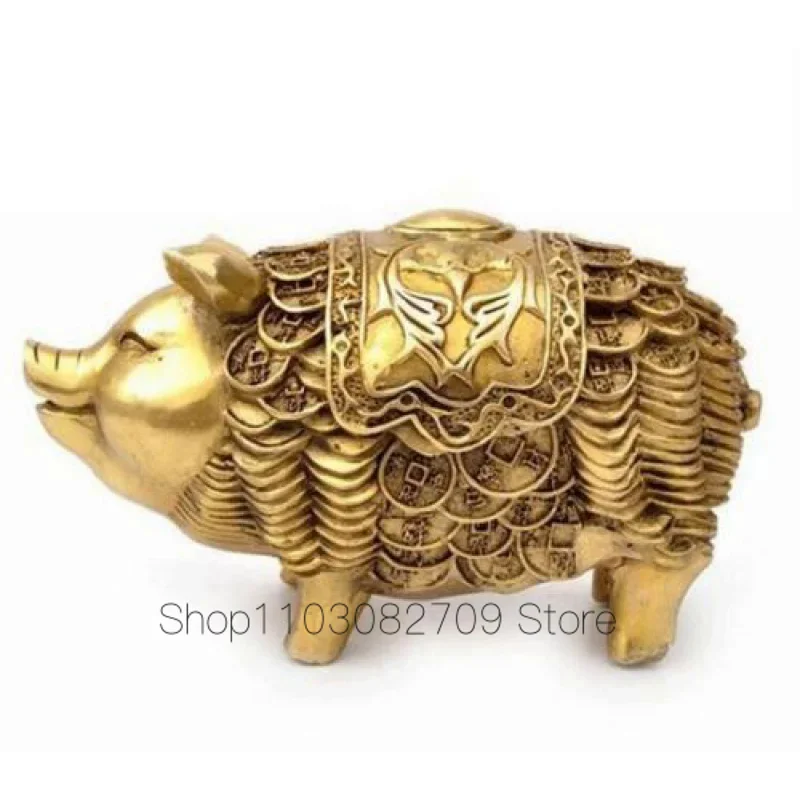 

Lucky Chinese fengshui brass wealth money coin zodiac Pig Swine Animal statue