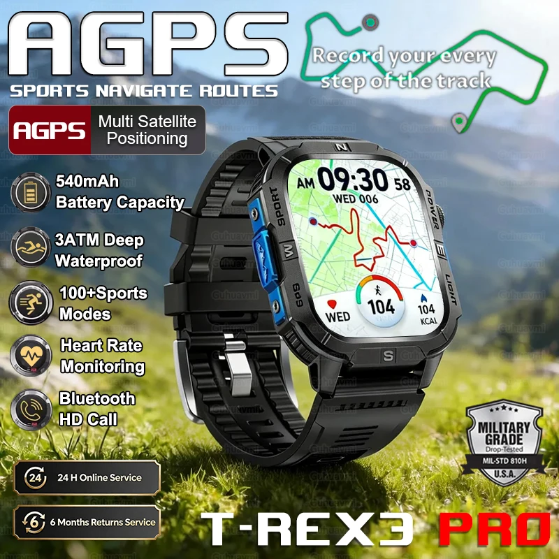 

T-Rex3 Pro AGPS Navigate Routes Sports SmartWatch Compass 3ATM Waterproof 100+Sports tracker Outdoors Military Smart Watches Men