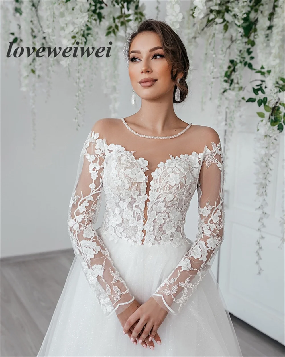 Lange Ärmel Brautkleider funkelnden Tüll Blumen spitze Perlen eine Linie Brautkleid langes Brautkleid elegante Braut benutzer definierte Größe