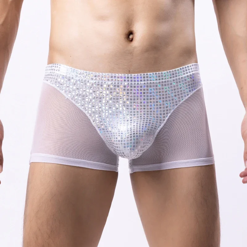 Mens Underwear Mesh Boxers Patchwork Sequin Pouch Bulge Underpants Male Breathable Dance Knickers Sexy Panties Calzoncillo