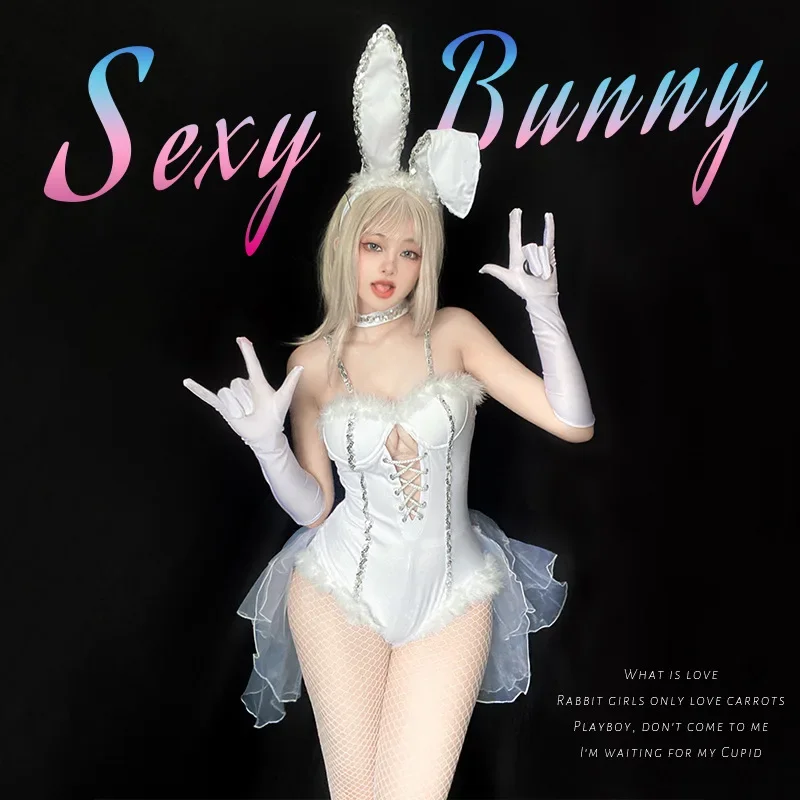 Anime Maid Cosplay Costume Women Sexy White Bodysuit Headwear Gloves Suit Bunny Girl Cute Uniform Halloween Party Easter Costume