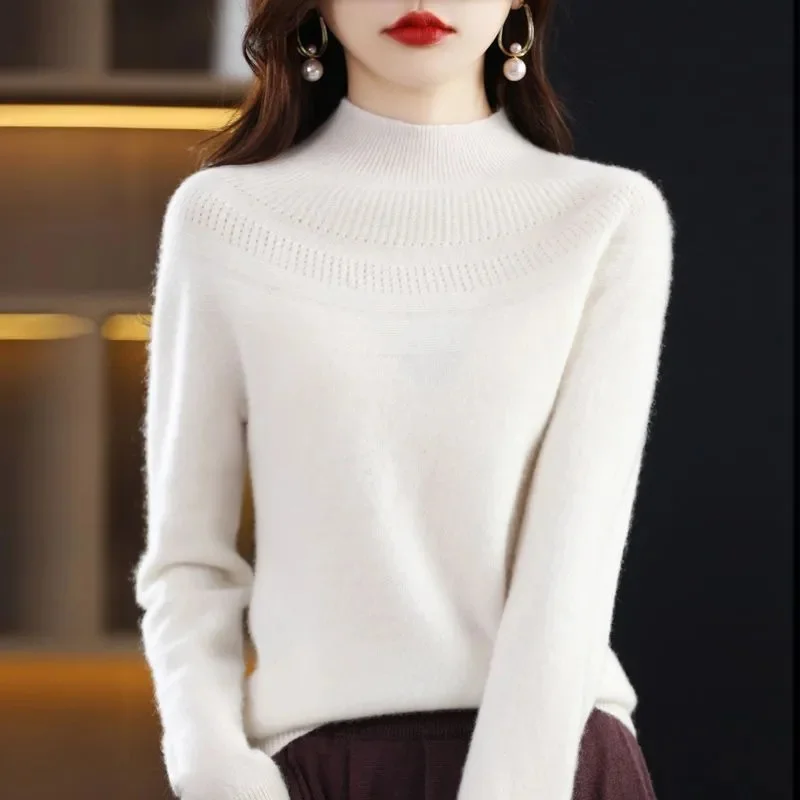 2024 Wool Cashmere Sweater Women's High Stacked Collar Pullover Long Sleeve Winter Knitted Sweater Warm High Quality Jumper