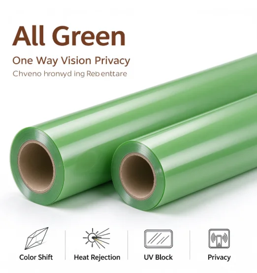 All Green Window Tint Roll PET Material One Way Privacy Heat Rejection Anti Glare Solar Control For Household Automotive Window