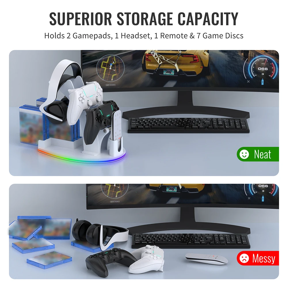 أقراص ألعاب التحكم عن بعد RGB دعامة تثبيت للتخزين مع منظم حامل سماعة الرأس وحامل عرض لجهاز PS 5 للبلاي ستيشن 5
