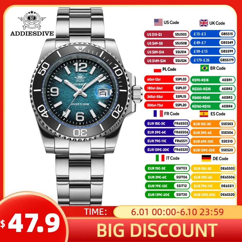 

ADDIESDIVE 41mm New Men's Watch Luxury Ceramic Bezel Fashion Quartz Watch Diving 200m Waterproof Ultra BGW9 Luminous Watches