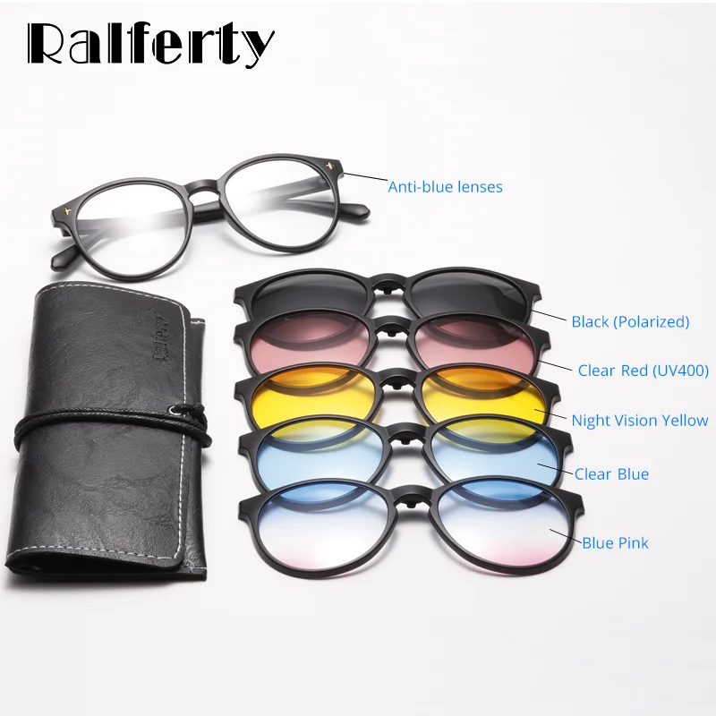 Ralferty 5 In 1 Magnetic Sunglasses Women Men Round Clips On Glasses Polarized UV400 Driving Anti-glare Sun Glasses Optic Frame