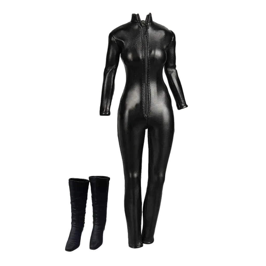 1/6 Female Faux Leather Jumpsuit High Shoes for 12'' Action