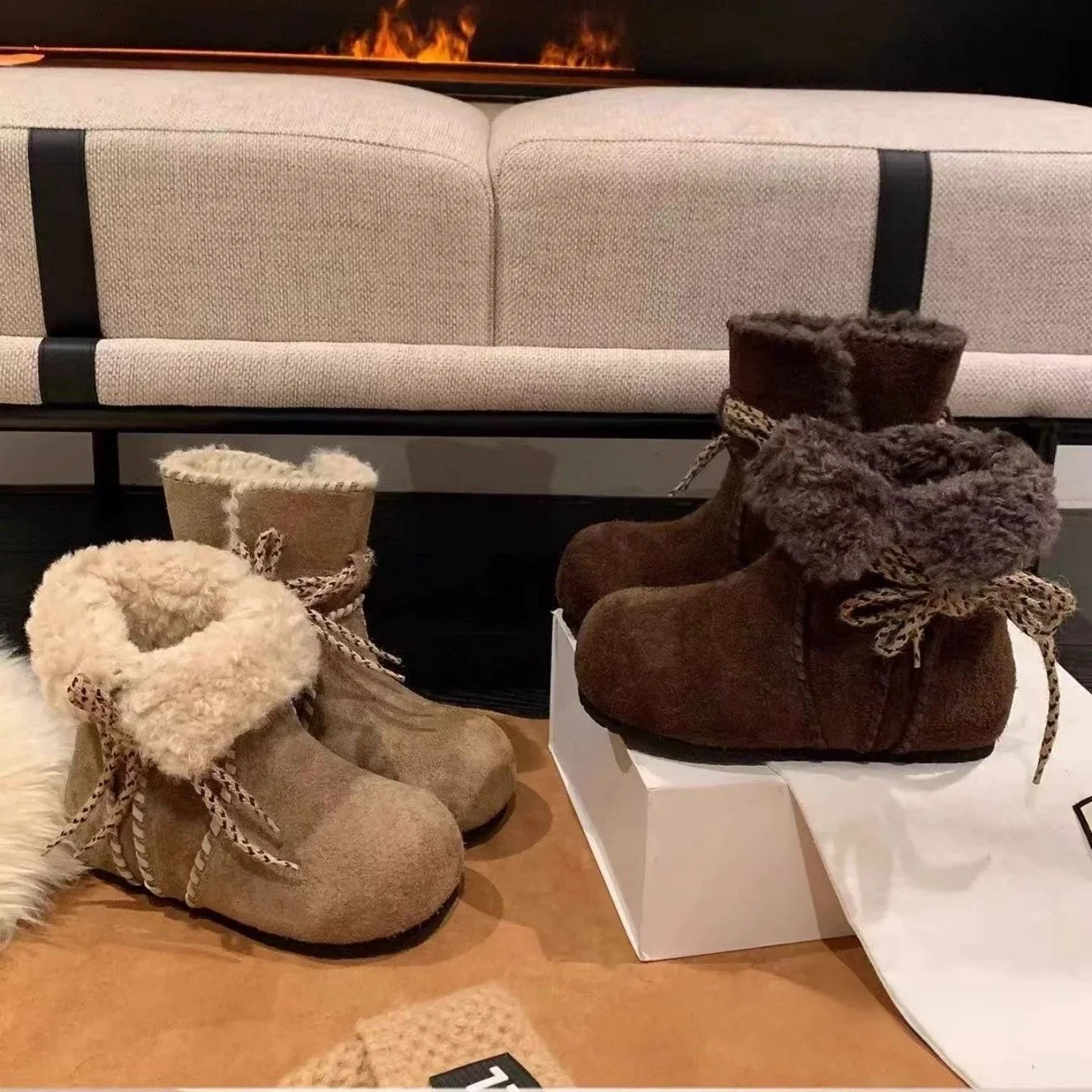 

Warmth Snow Boots Women's Winter New Style Leather Fur Integrated Inner Heightening Birkenshoes Two-Way Wearable Booties