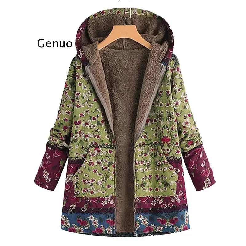 Women Vintage Warm Coats Autumn Winter Casual Printed Fashion Hooded Outwear Plus Size Long Sleeve Zipper Jackets Coats