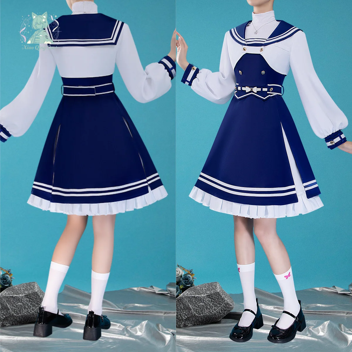 VTuber Shioriha Ruri Cosplay Costume Blue White Sailor Collar Dress with Hat xiaoqing
