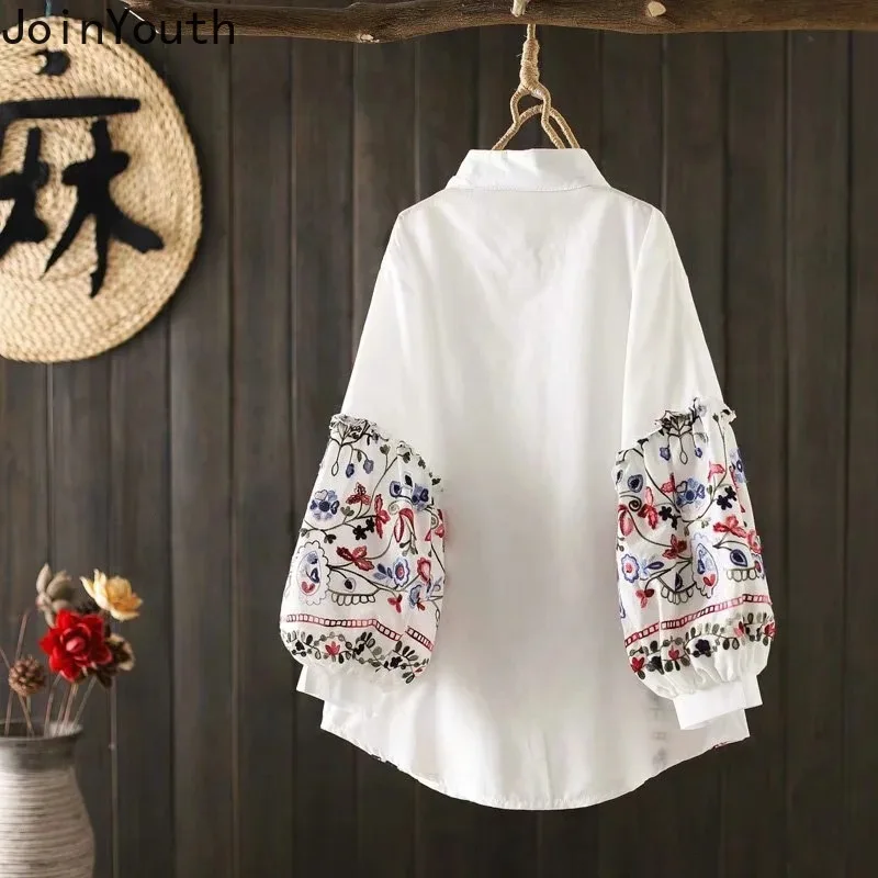 2023 Blusas Mujer De Moda Women's Clothing Vintage Blouse Chic Embroidery Floral Long Sleeve Shirts Lantern Sleeve White Tops