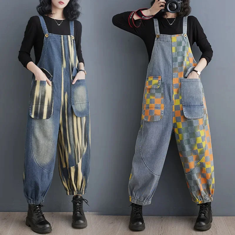 2023 Female Autumn Letter Printing Denim Overalls Pants Women Korean Straight Wide-leg Lantern Foreign Style Romper Jeans A314