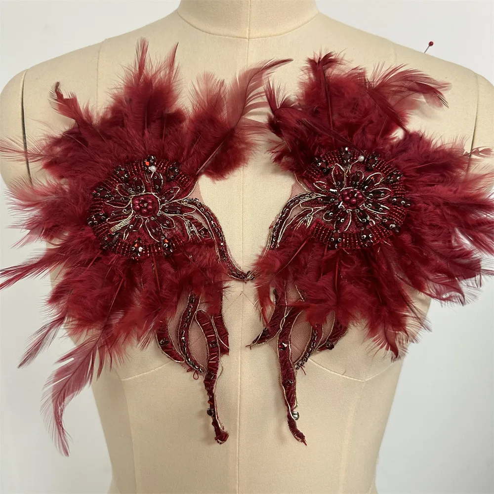 Artificial Feather beaded embroidery Appliques For Wedding Dresses Bridal Crystal Accessories DIY Craft Supplies