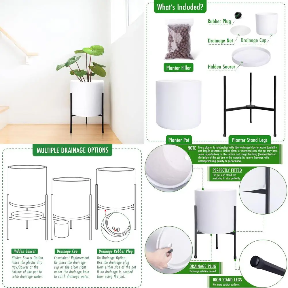 

Modern White Cylinder Planter with Stand, Medium 10 Pot, 16.3 Height, Heavy Duty, 96-T-A-2