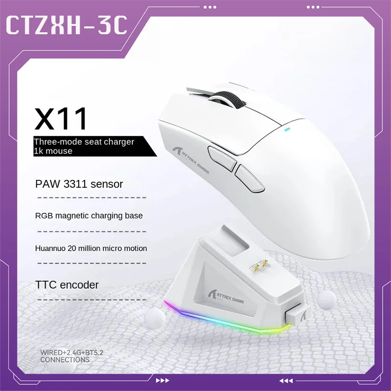 Imagem -01 - Lightpeso Wireless E-sports Jogo Mouse Ataque Tubarão X11 Rgb Base de Carregamento Magnético Bluetooth Modos Paw3311 lightpeso wireless e sports jogo mouse ataque tubarao x11 rgb base de carregamento magnetico bluetooth modos paw3311 01