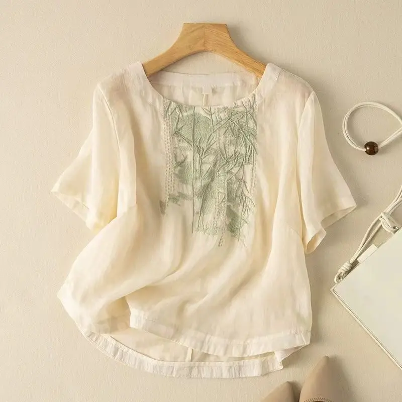 Summer Women's Cotton And Linen Bamboo Embroidery Short-sleeved T-shirt Top