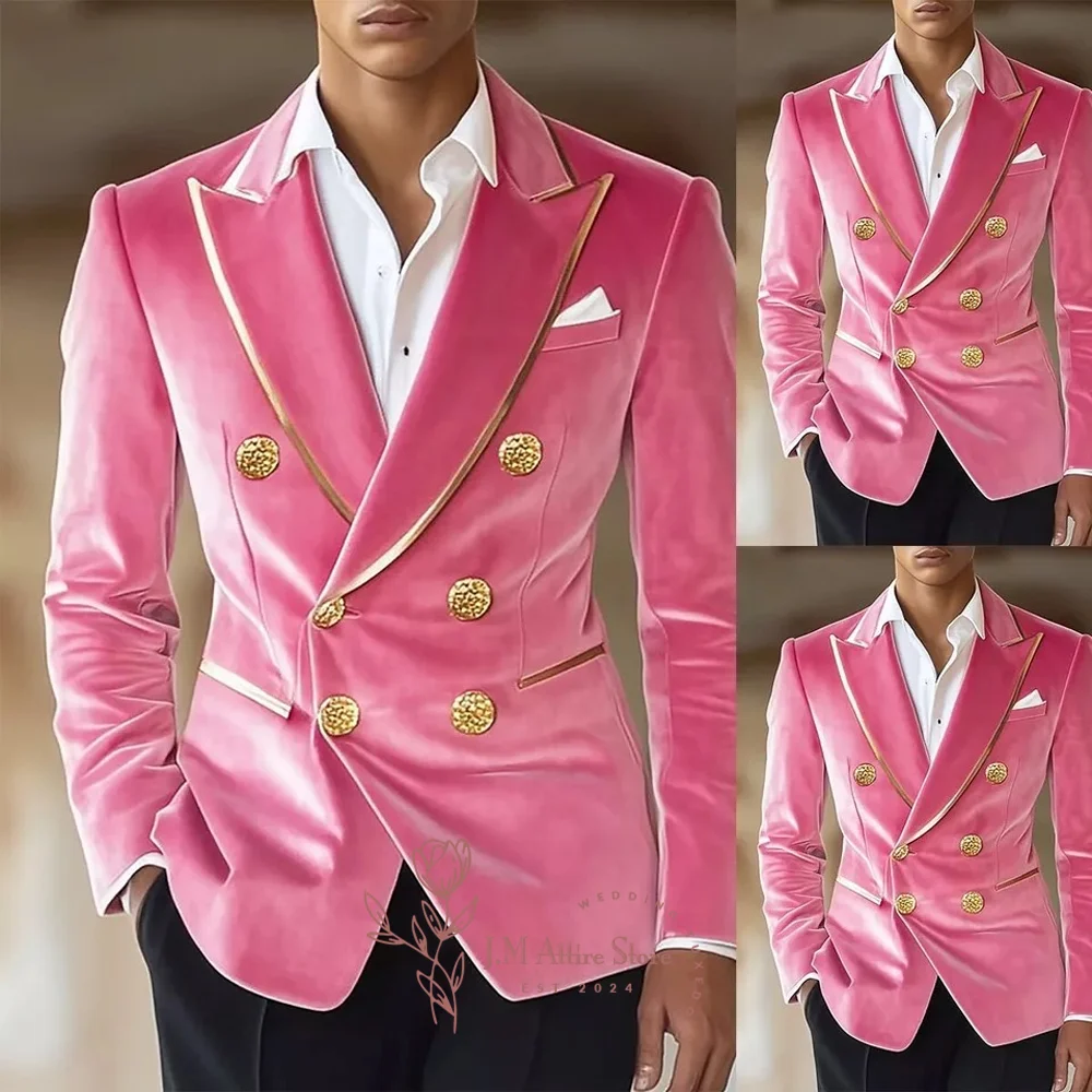 

Men Velvet Suits 2-piece Set Double Breasted Pink Jacket Black Pants Slim Fit for Wedding Prom Groom Dating Party Custom Tuxedo