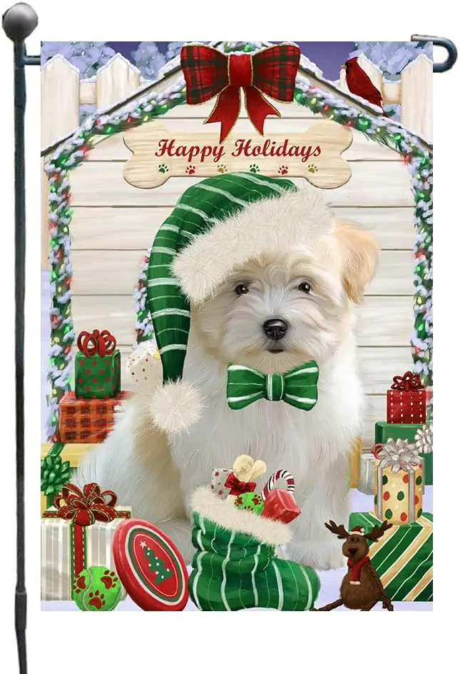 Doggie of the Day Coton De Tulear Dog Garden Flags - Christmas House with Presents - Double Sided - Yard Lawn Spring Decorative