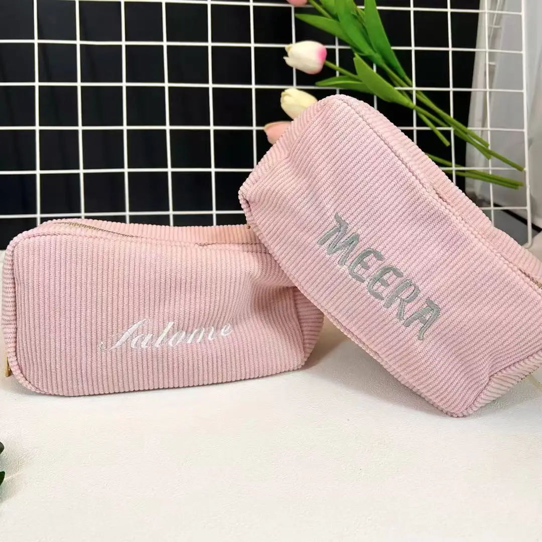 

Сумка для хранения макияжа с индивидуальными словами, женская косметичка, вельветовая дорожная персонализированная портативная сумка-органайзер на молнии для макияжа, клатч для хранения