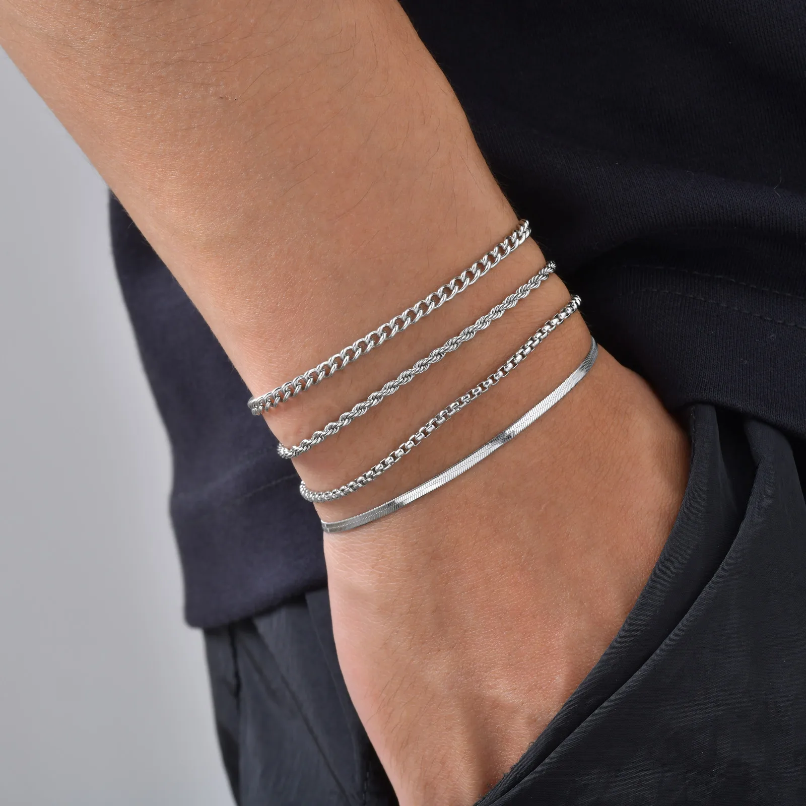 4 Stück Herren-Kettenarmbänder, Edelstahl, silberfarben, Schlangenketten-Armband, Hip-Hop-Punk-Schmuck für Ihn, Papa – Detail 3
