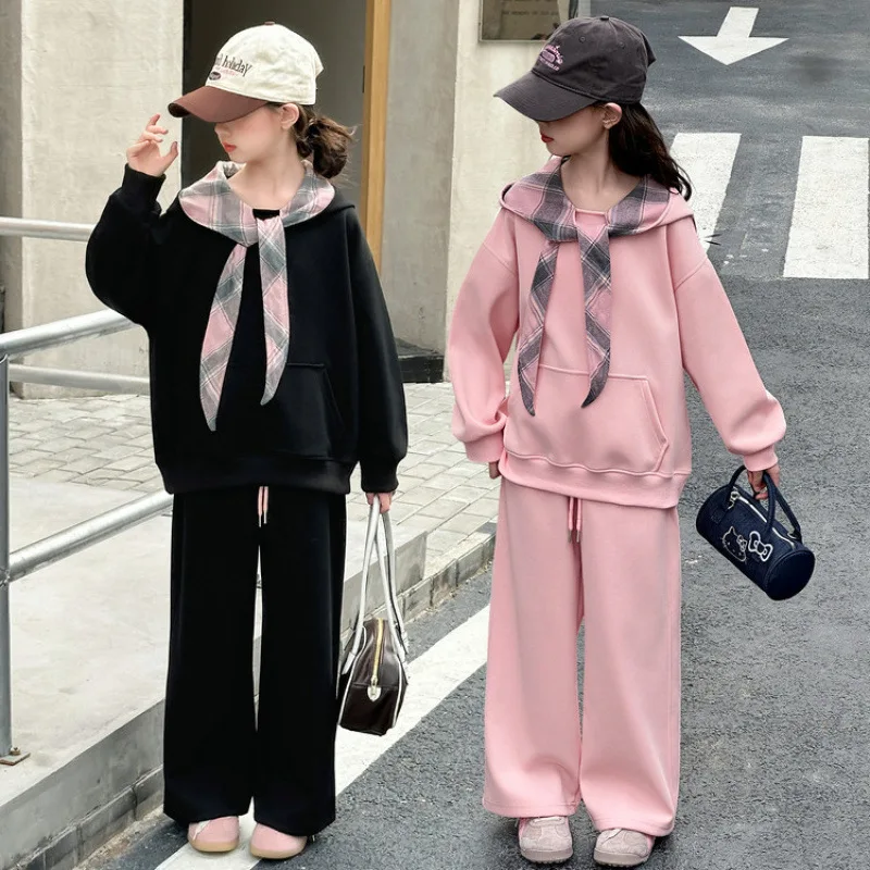 

Детская одежда, костюм, весенне-осенний клетчатый свитшот с капюшоном для девочек-подростков + спортивные штаны, спортивный костюм из 2 предметов, комплект детской одежды для студентов