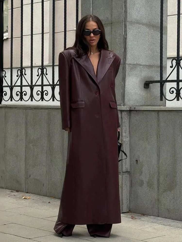 

Винтажный длинный плащ из искусственной кожи, женский повседневный свободный однотонный однобортный плащ с лацканами, женская осенняя шикарная уличная верхняя одежда