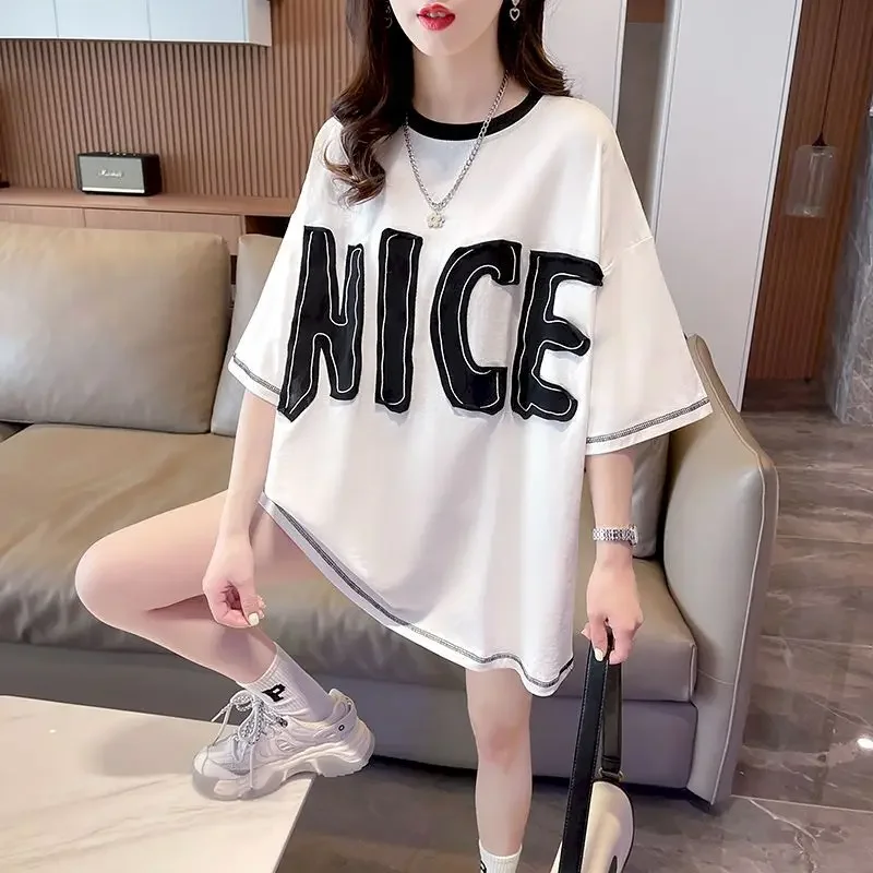 Fashion Letter Patch T Shirts Women Casual Loose Short Sleeve Tops Summer Trend Oversized T-shirt Mid-length Tshirt Y2k Clothes